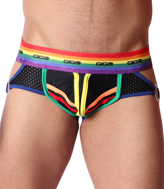 Front view of Gigo Pride jockstrap in black mesh fabric with rainbow waistband, colorful piping, and side metal rings.