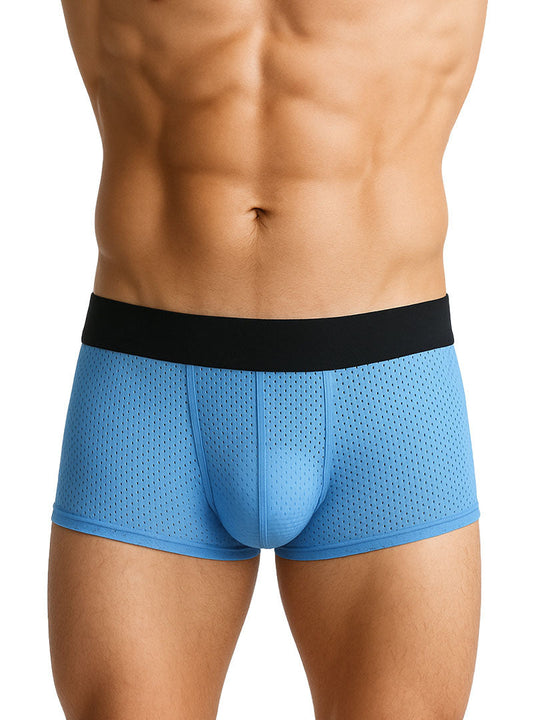 Light blue perforated mesh Pride mesh trunk boxer briefs with a solid black waistband for comfortable support
