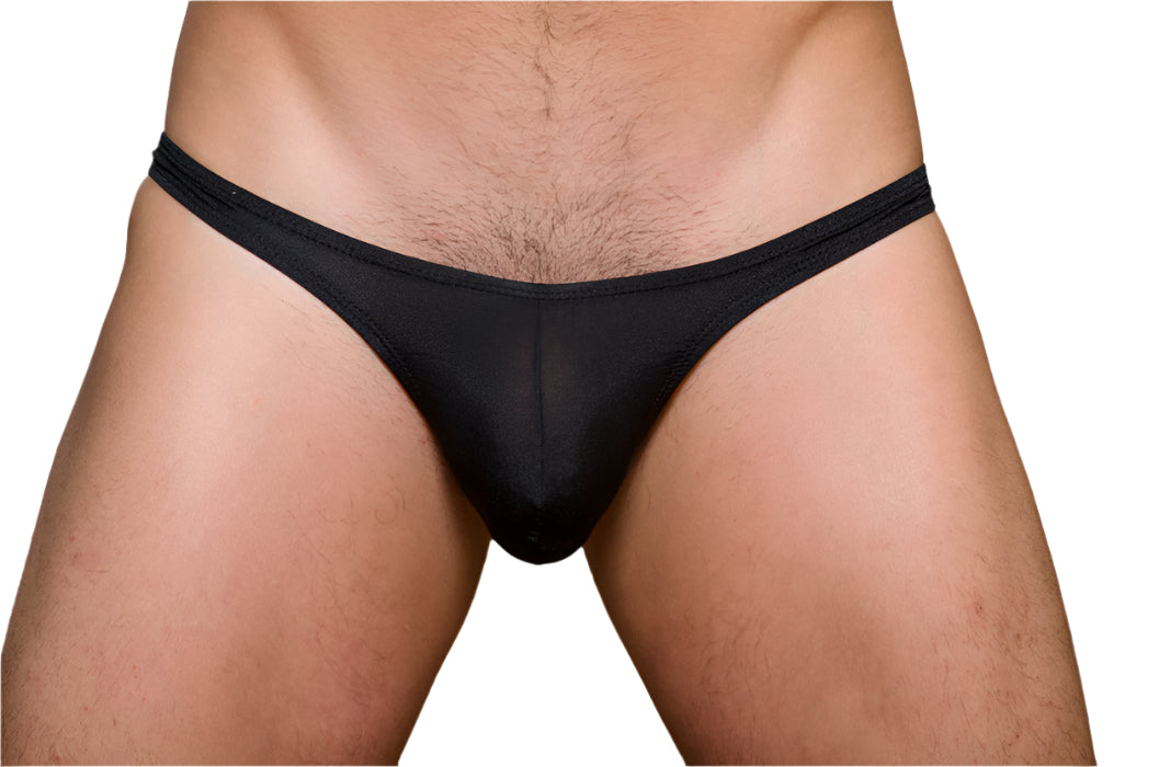 Black sheer mesh pride metro thong with plus pouch featuring a solid black waistband and back side view