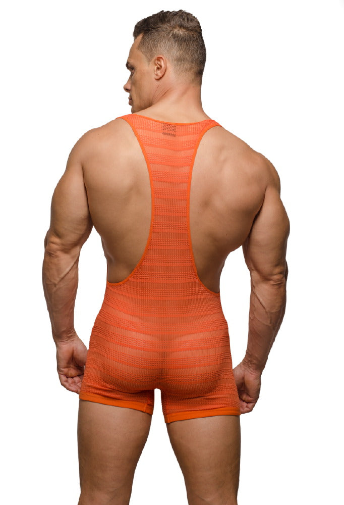 Back view of orange pride sheer mesh archery wrestler leotard with backless design and wide shoulder straps