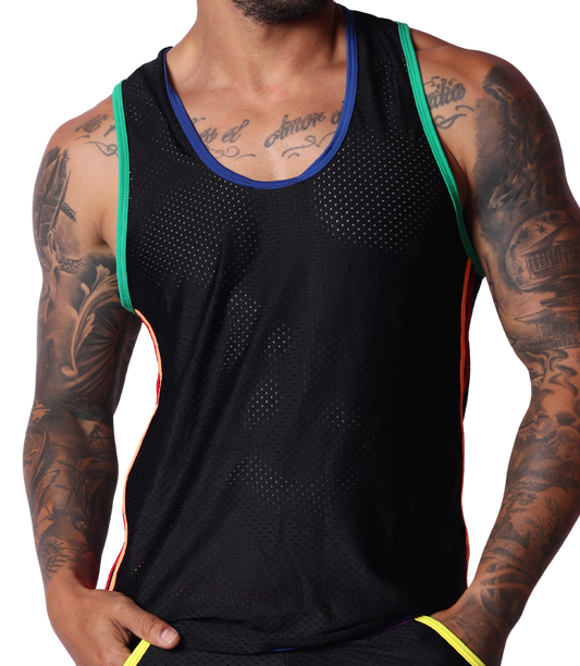 Front view of black mesh Gigo Pride tank top with colorful trim on armholes and neckline.