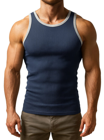 Navy blue pride usa ribbed cotton tank top with gray trim featuring a comfortable sleeveless design