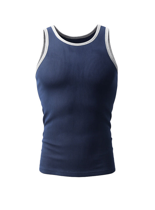 Navy blue ribbed cotton tank top with white and gray trim from pride USA for casual summer wear