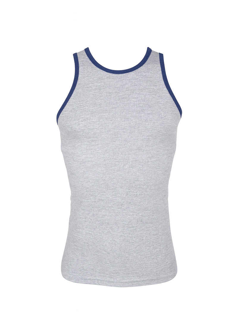 Gray ribbed cotton tank top with navy blue trim around neckline and armholes pride usa style