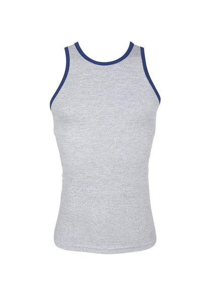 Gray ribbed cotton tank top with navy blue trim around neckline and armholes pride usa style