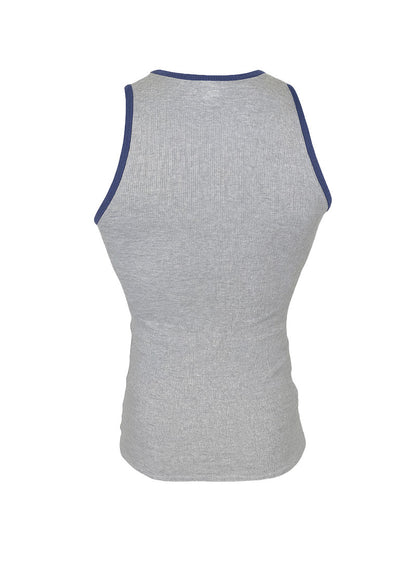 Gray pride usa ribbed cotton tank top with navy blue trim along neckline and armholes for casual wear