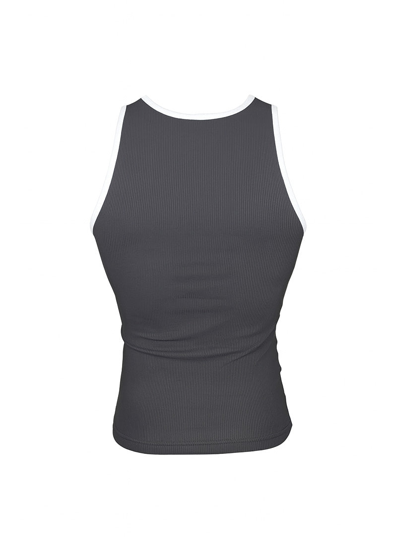 Dark gray ribbed cotton tank top with white trim around neckline and armholes pride usa style