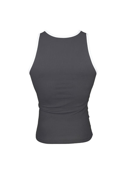 Dark gray ribbed cotton tank top with white trim around neckline and armholes pride usa style