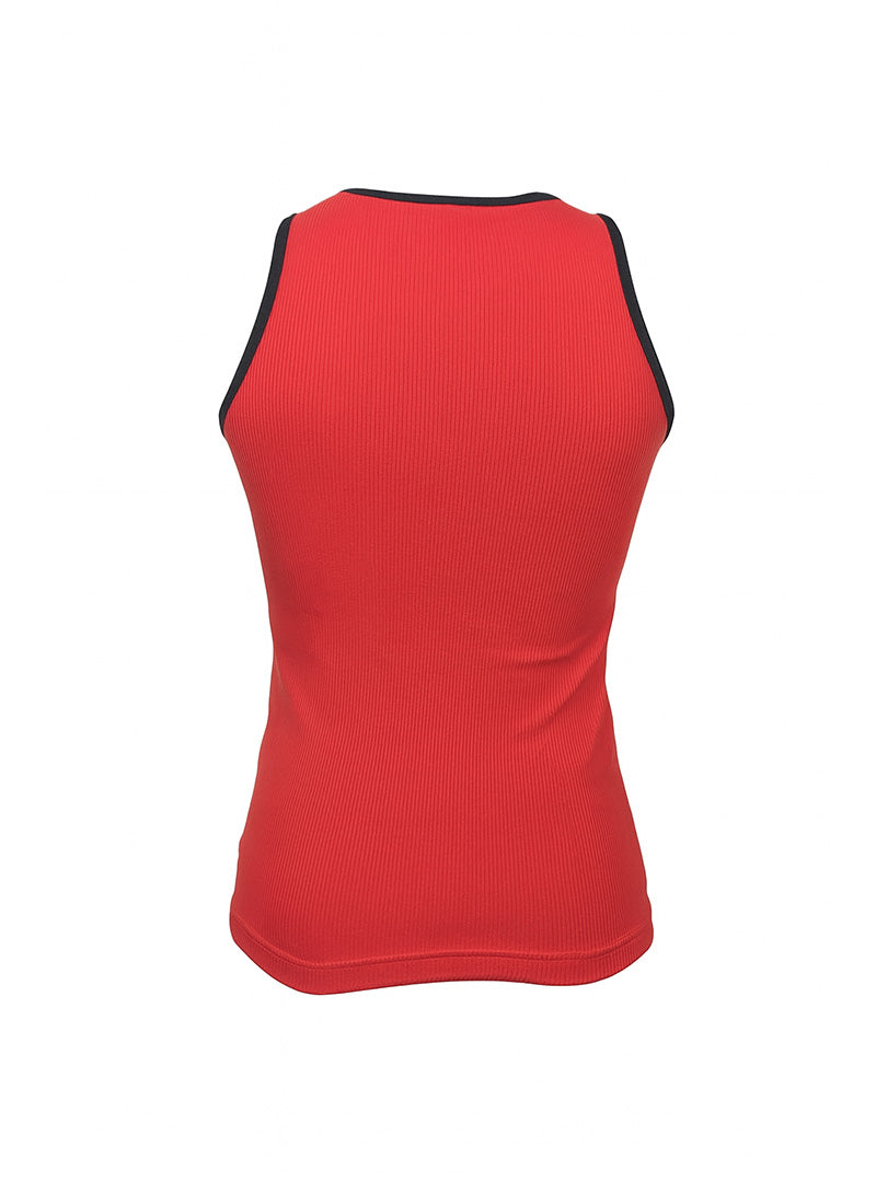 Red Pride USA ribbed cotton tank top with black trim along neckline and armholes