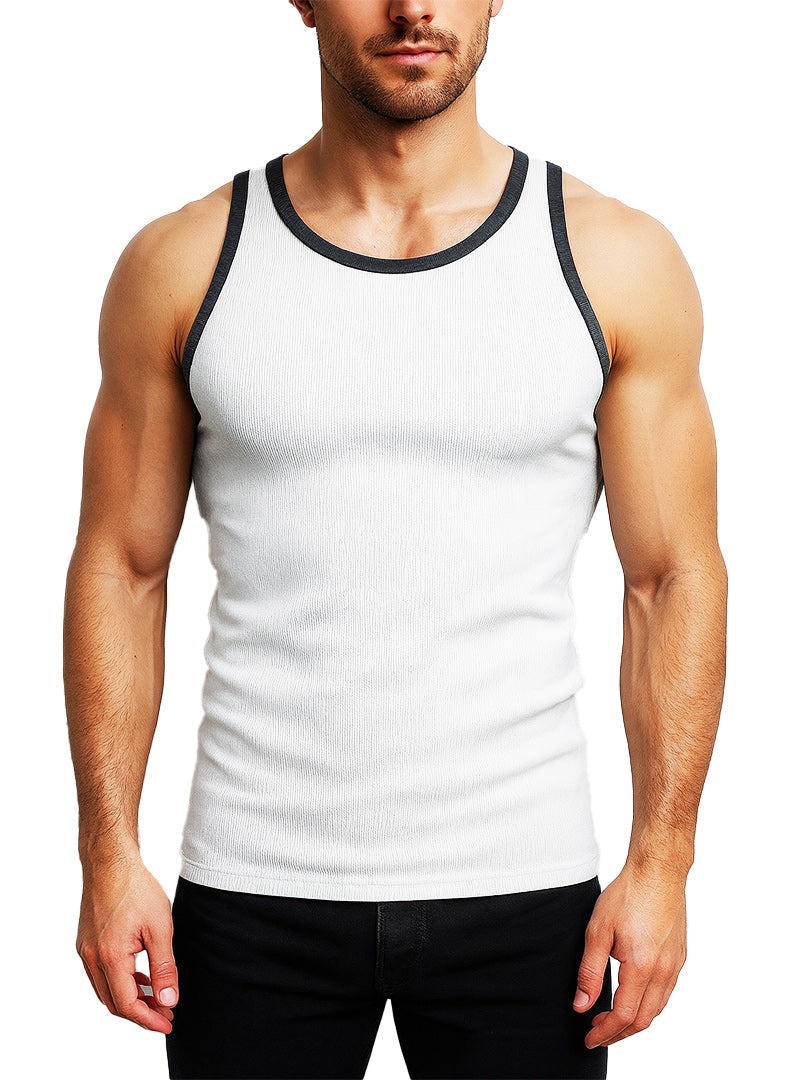 White ribbed cotton tank top with black trim around neckline and armholes pride usa collection