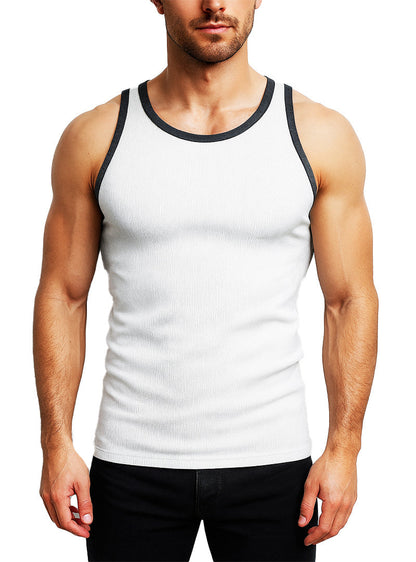 White ribbed cotton tank top with black trim around neckline and armholes pride usa collection