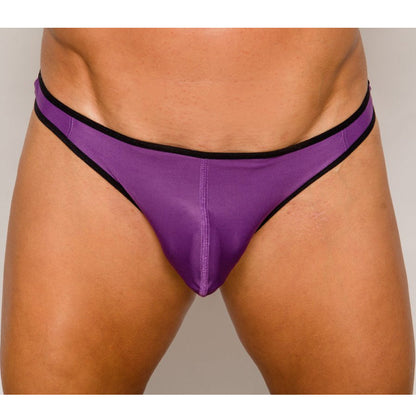 Purple pride ultra stretch amplify thong with black trim showing the back side of the underwear