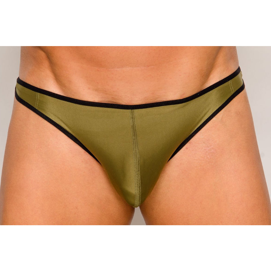Olive green satin briefs with black trim pride ultra stretch amplify thong front view