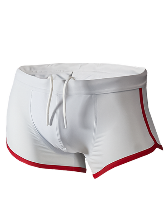 White pride vince trunk swim trunks with red trim and drawstring waistband for beach and pool use