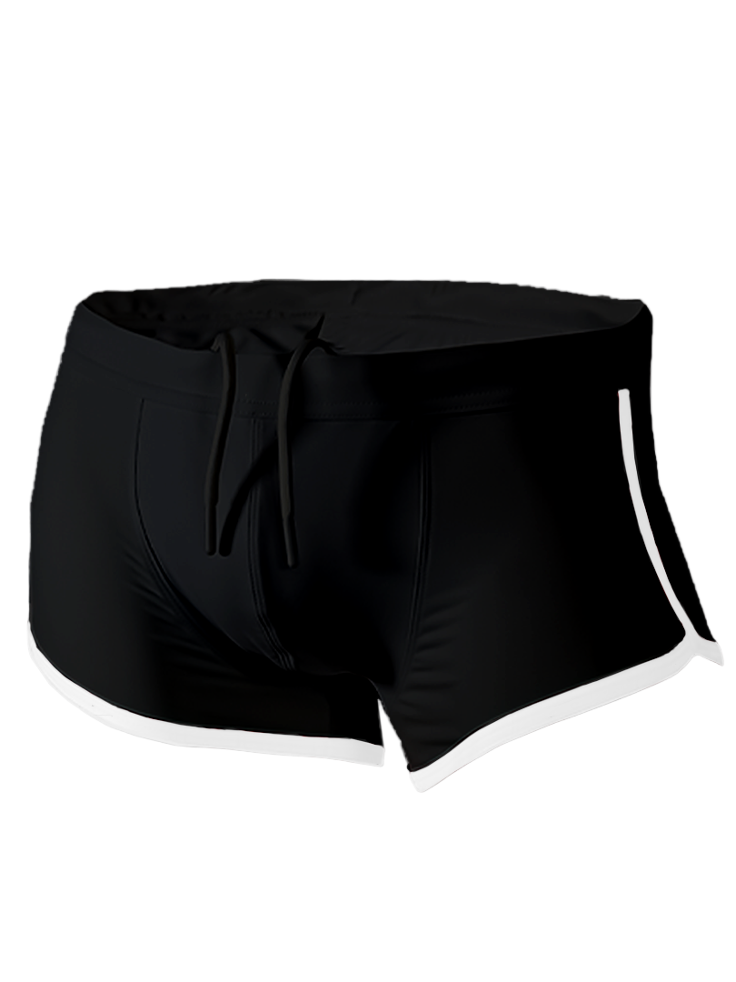 Black pride vince trunk swim trunks with white side stripes and drawstring waistband designed for swimming