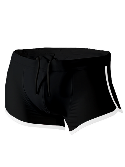 Black pride vince trunk swim trunks with white side stripes and drawstring waistband designed for swimming