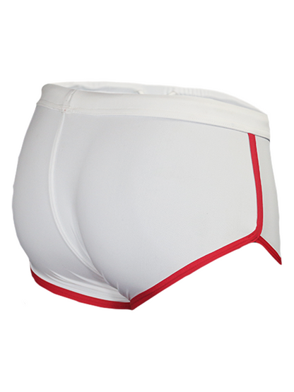 White pride vince trunk briefs with red trim on waistband and leg openings in a soft breathable fabric
