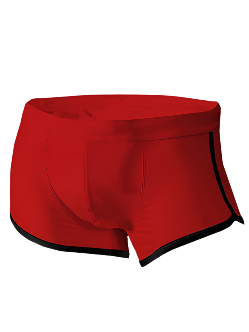 Red men’s boxer briefs pride vince trunk with black trim along waistband and leg openings for comfortable wear