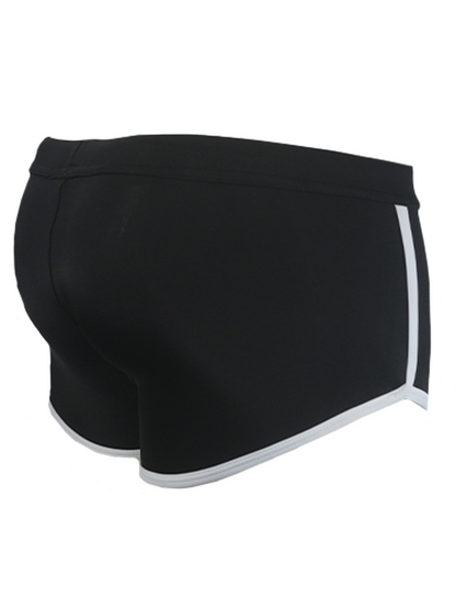 Black pride vince trunk athletic shorts with white side stripes and matching white hem trim designed for active use