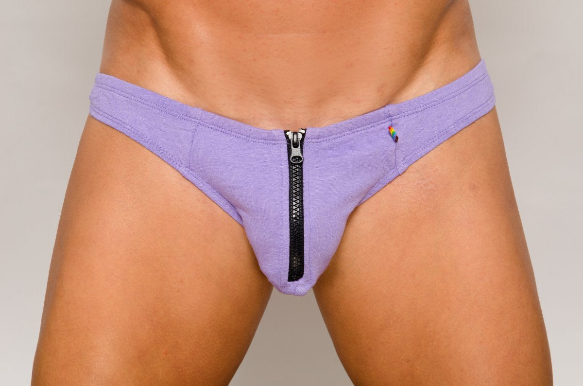 Purple men’s briefs pride zip it thong with black zipper down the center front in stretchy fabric