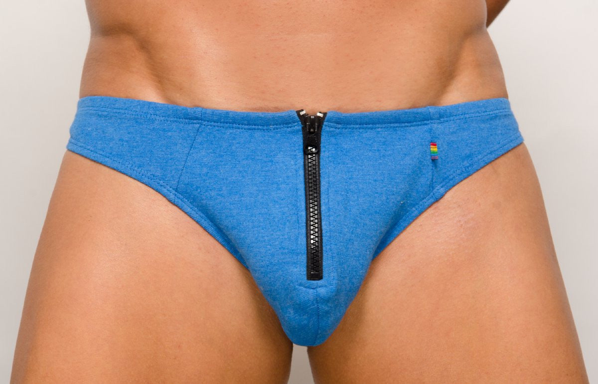Blue heathered fabric briefs with a black zipper down the center pride zip it thong front view