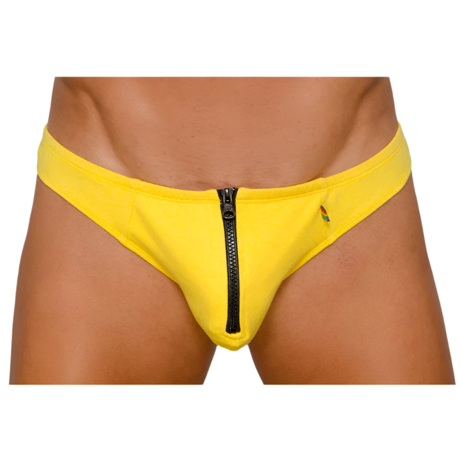 Bright yellow pride zip it thong men’s swim trunks with black center zipper designed for comfortable beachwear