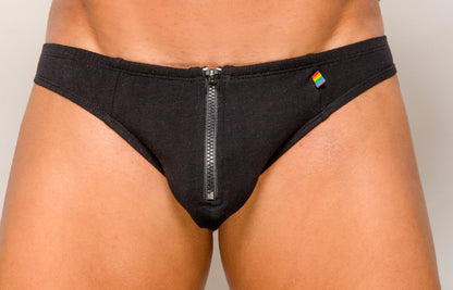 Black men’s briefs with a central zipper and rainbow flag patch designed for pride and comfort