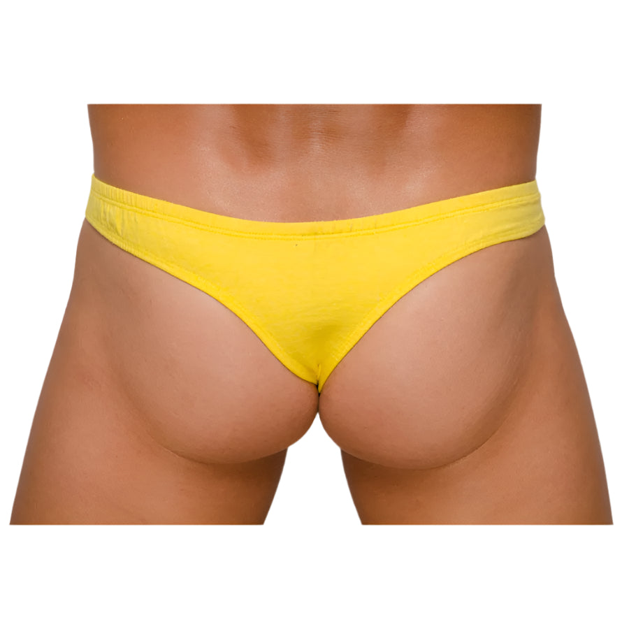 Bright yellow Pride Zip It thong made of smooth stretchy fabric showing front side