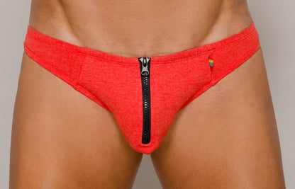 Pride zip it thong bright red heathered fabric briefs with central black zipper and small rainbow flag logo on side