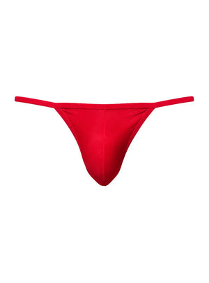 Red string bikini with minimal coverage made from soft fabric shown flat against a white background by Pride USA.