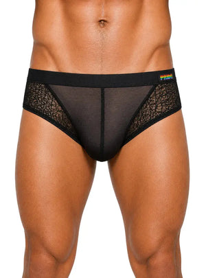 Black lace brief underwear with sheer panels and rainbow logo designed by Pride USA showcasing a fitted style.