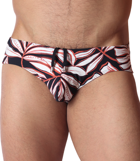 Front view of Gigo Prisma swim brief in black, white, and red leaf print with drawstring, made of stretch fabric.