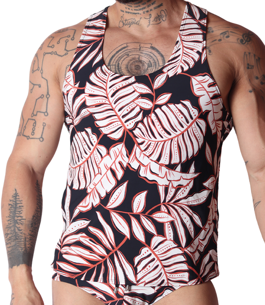 Front view of Gigo Prisma tank top in black with white and red tropical leaf print, soft fabric on a muscular model.
