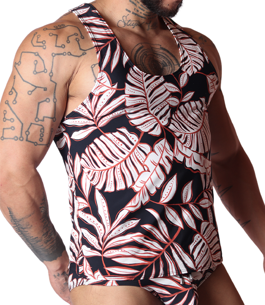 Gigo Prisma black tank top with white and red tropical leaf print, front side view on a tattooed model.