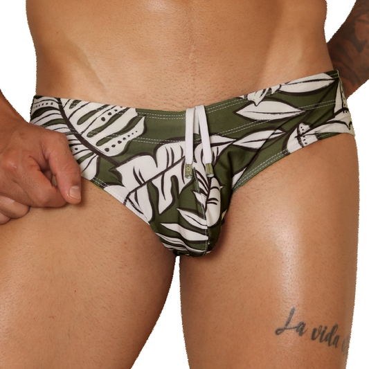Front view of Gigo Prisma green leaf print swim brief in stretchy fabric with white drawstring and metallic aglets.