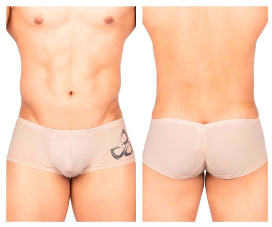 Beige private structure brut4390 bare hipster briefs with black butterfly logo on left hip in nude color