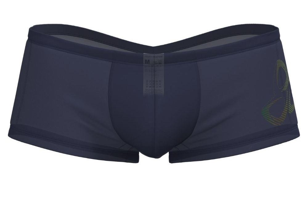 Navy blue mens briefs with subtle green and gold abstract logo on the side by private structure bruts4390 silk hipster