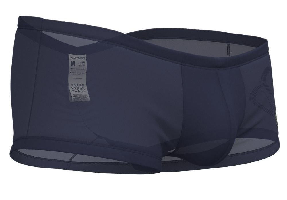 Dark navy blue mesh boxer briefs with reinforced waistband and contoured design from Private Structure BRUT4390 Bare Hipster Silk Navy