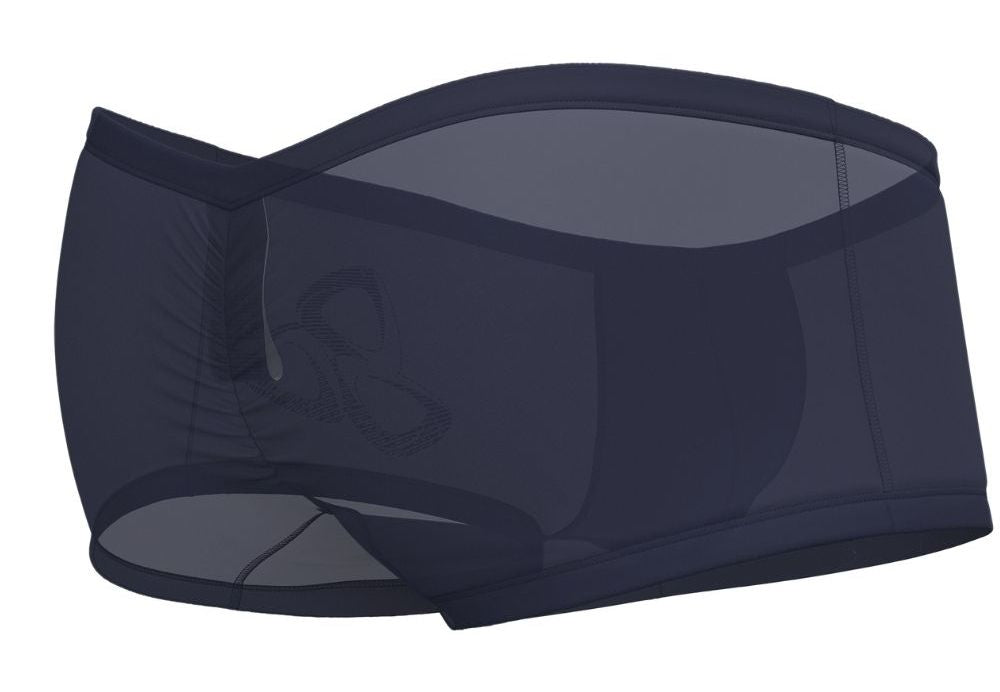 Dark navy silk mesh briefs with a faint logo on the front from private structure bare hipster collection