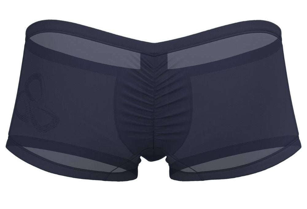 Dark navy silk mesh briefs with ruched center panel and subtle logo on left leg from private structure bare hipster