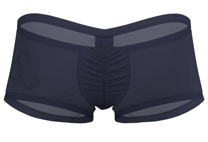 Dark navy silk mesh briefs with ruched center panel and subtle logo on left leg from private structure bare hipster