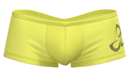 Bright yellow private structure brut4390 bare hipster swim trunks with black stylized logo on the side