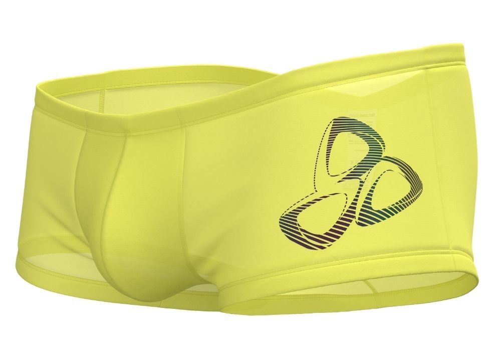 Bright yellow Private Structure BRUT4390 bare hipster briefs with bold abstract logo and gradient stripes