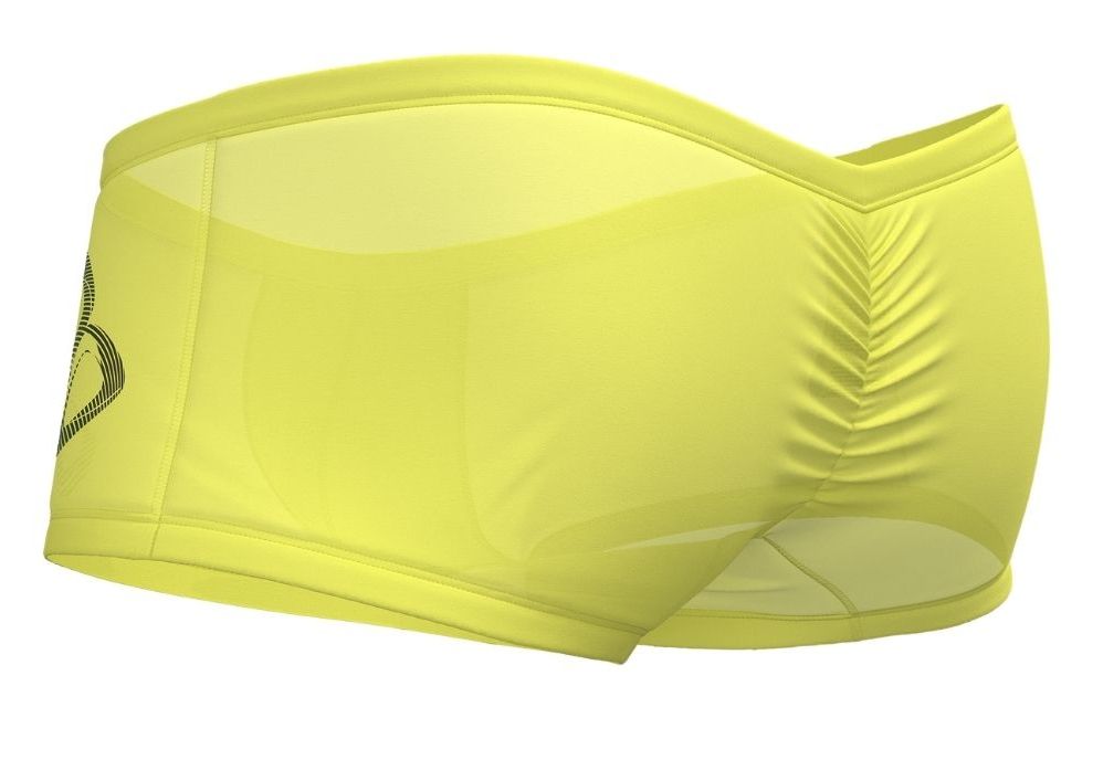 Bright yellow sheer mesh athletic briefs with black logo and vertical pleats on the side by private structure