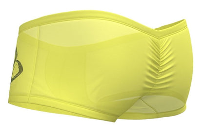 Bright yellow sheer mesh athletic briefs with black logo and vertical pleats on the side by private structure