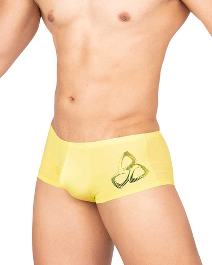 Bright yellow Private Structure BRUT4390 bare hipster briefs with a green geometric logo on the side
