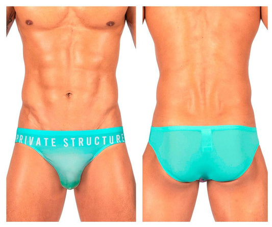 Turquoise sheer mesh briefs with private structure branding on waistband in cyan mist color bare bikini style