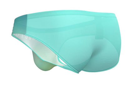 A translucent mint green brief with smooth form fitting design and subtle seams in private structure cyan mist