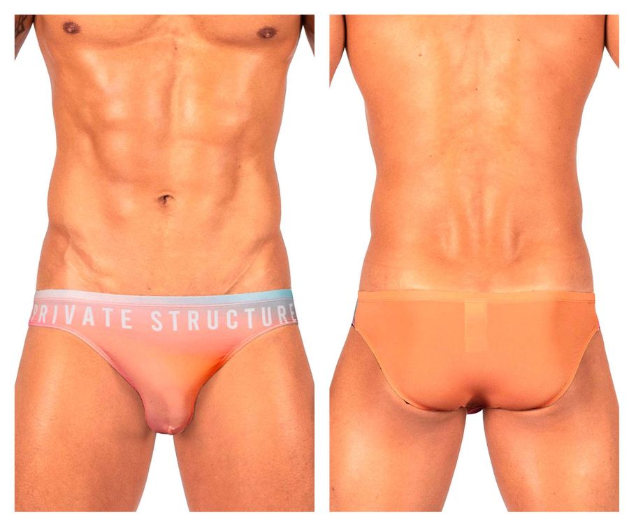 Orange sheer briefs with pink and light blue waistband featuring private structure logo bare bikini style