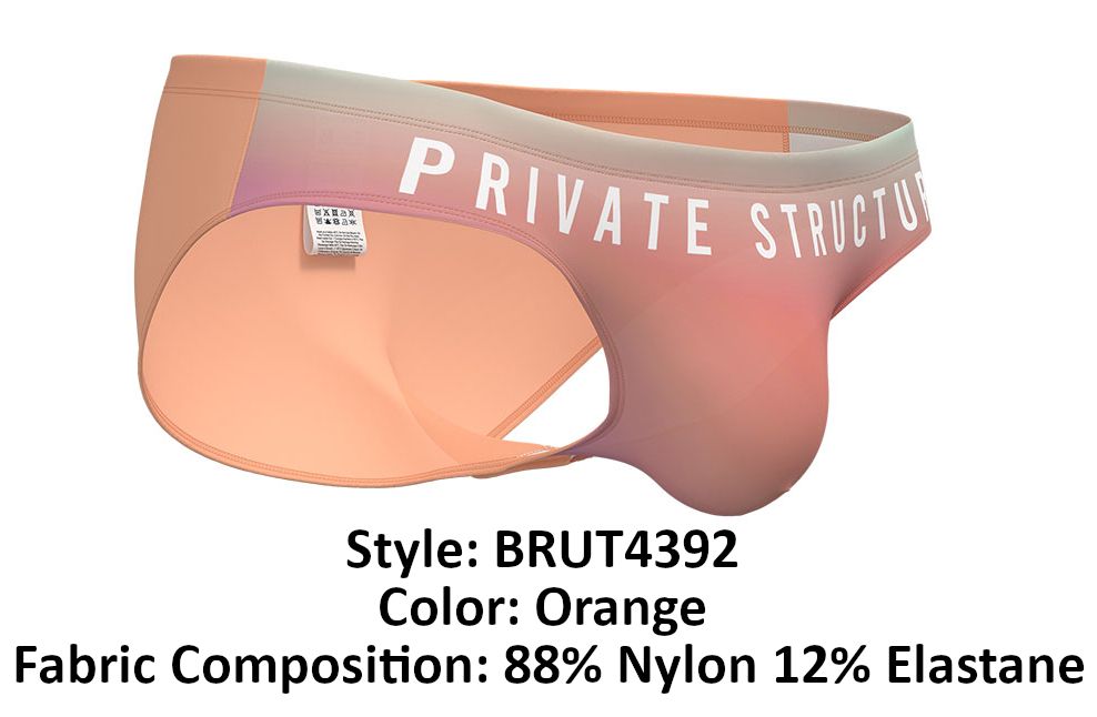 Orange private structure brut4392 bare bikini briefs with gradient pink to orange waistband and white branding